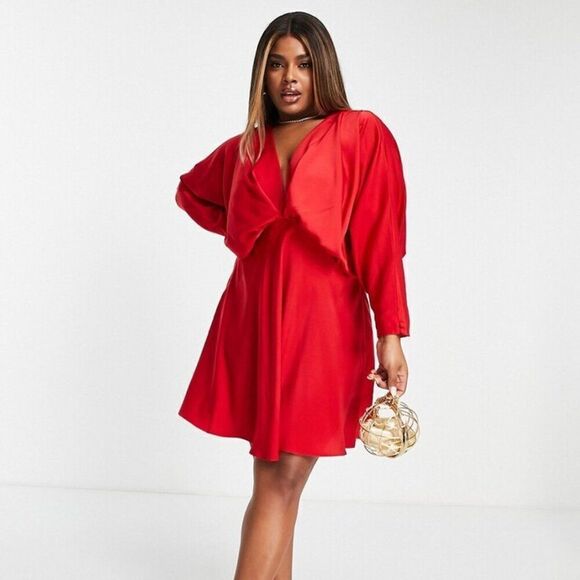 Asos Design Curve Batwing Satin Mini Dress Bias Cut Skirt Tie Back Red SZ 18 - Picture 2 of 6